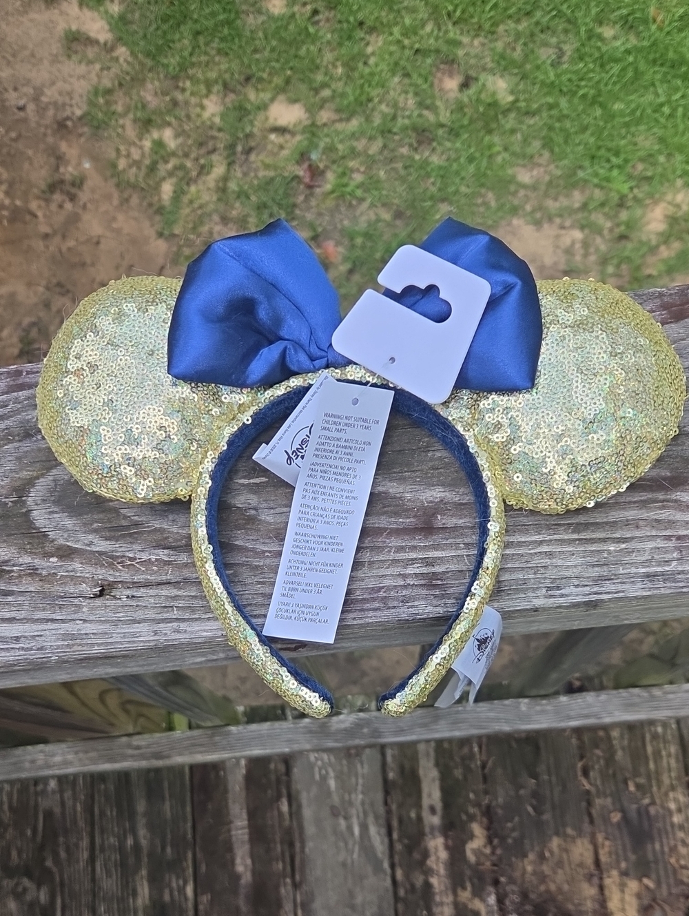 Disney Gold Sequin Minnie Ears Headband with Blue Bow